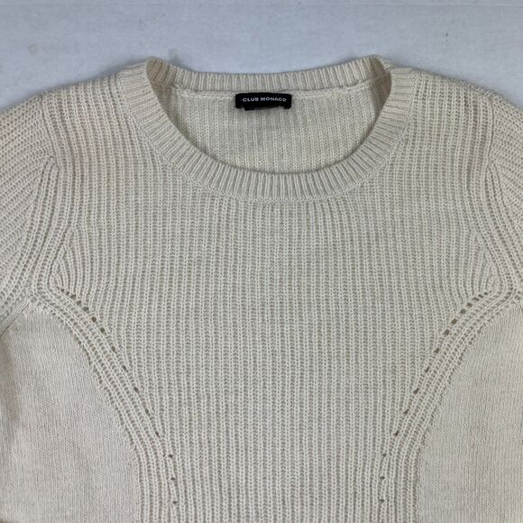 Club Monaco Cream Knit Pullover Sweater Small Sheer Ruffle Hem Rabbit Hair Blend - Picture 3 of 10